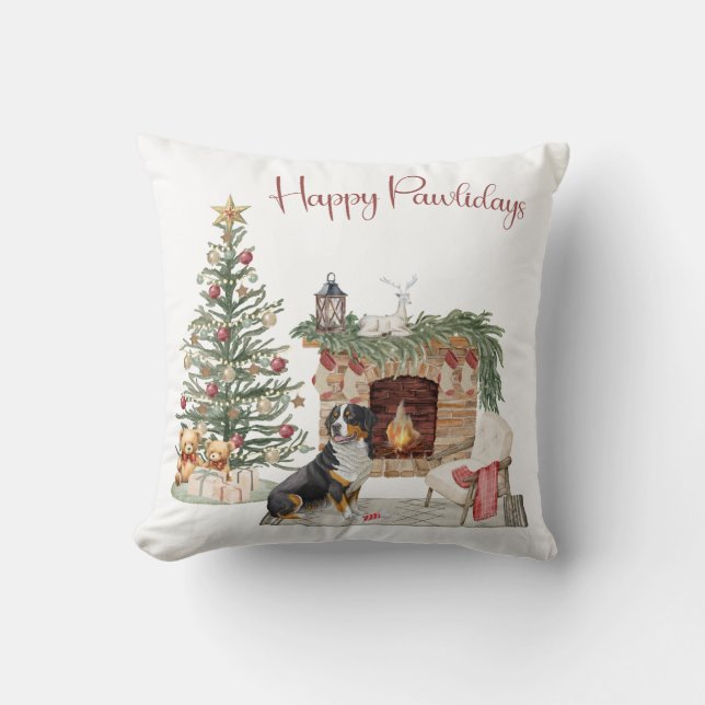 Happy Pawlidays Dog Design- Bernese Mountain Dog Throw Pillow (Front)