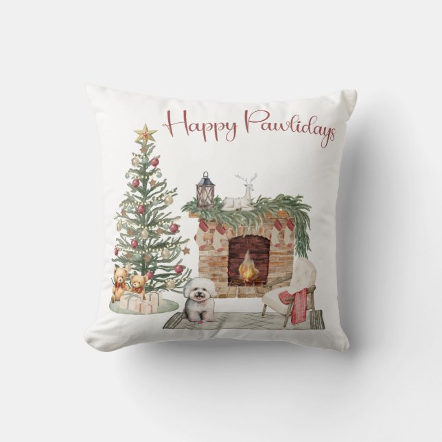 Happy Pawlidays Dog Design- Bichon Frise Throw Pillow (Front)