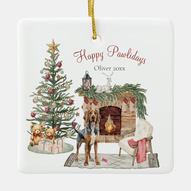 Happy Pawlidays Dog Design- Bloodhound Ceramic Ornament (Front)
