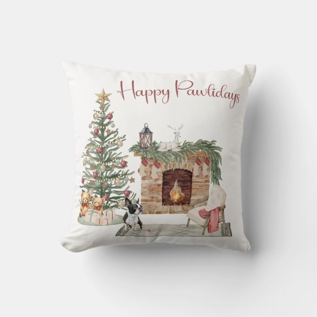 Happy Pawlidays Dog Design- Boston Terrier Throw Pillow (Front)