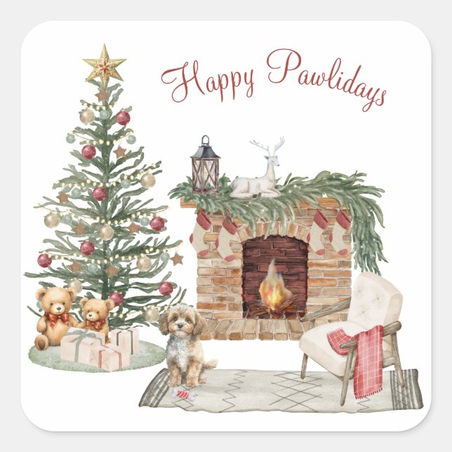 Happy Pawlidays Dog Design- Cavapoo Square Sticker (Front)