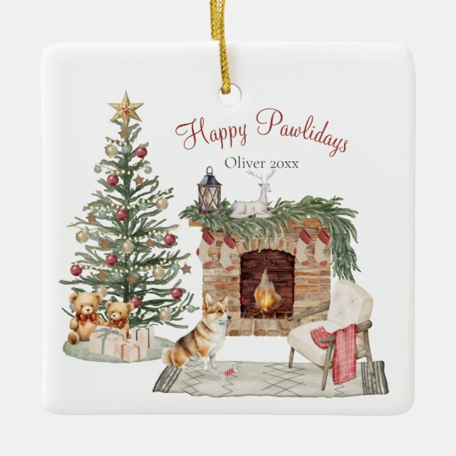 Happy Pawlidays Dog Design- Corgi Ceramic Ornament (Front)