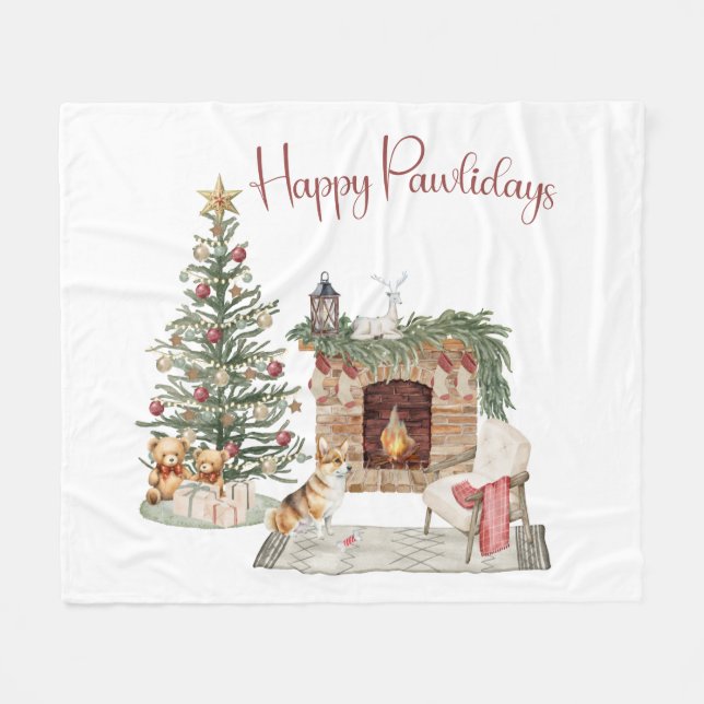 Happy Pawlidays Dog Design- Corgi Fleece Blanket (Front (Horizontal))