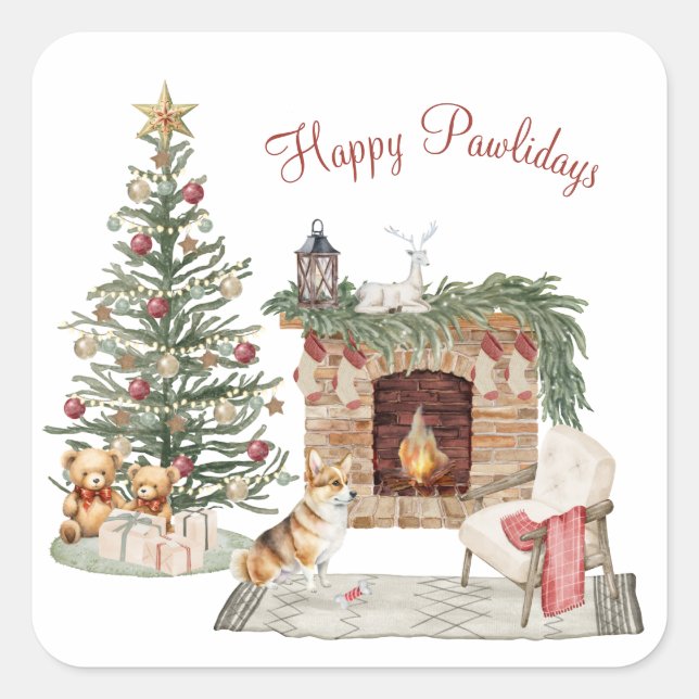 Happy Pawlidays Dog Design- Corgi Square Sticker (Front)