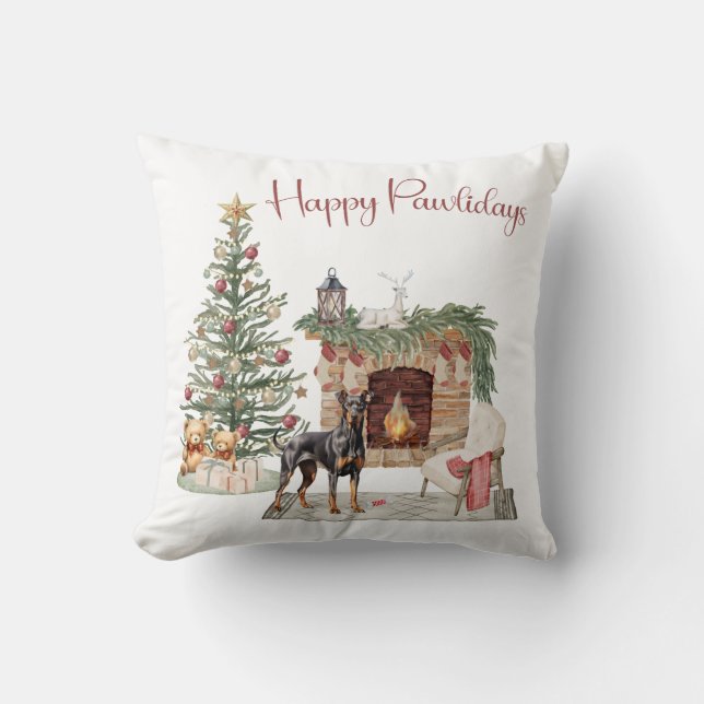 Happy Pawlidays Dog Design- Doberman Pinscher Throw Pillow (Front)