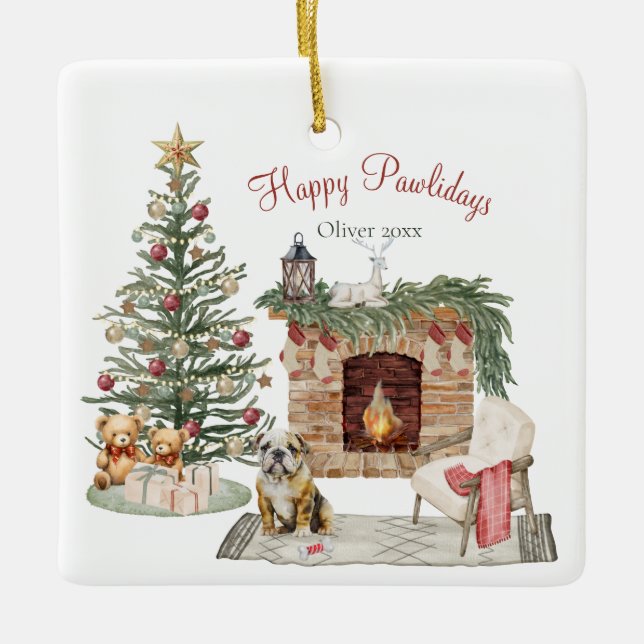 Happy Pawlidays Dog Design- English Bulldog Ceramic Ornament (Front)