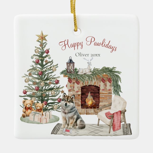 Happy Pawlidays Dog Design- Husky Ceramic Ornament (Front)