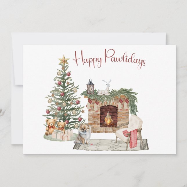 Happy Pawlidays Dog Design- Pomeranian Holiday Card (Front)