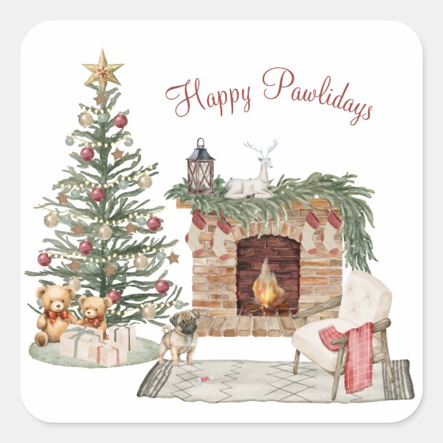 Happy Pawlidays Dog Design- Pug Square Sticker (Front)