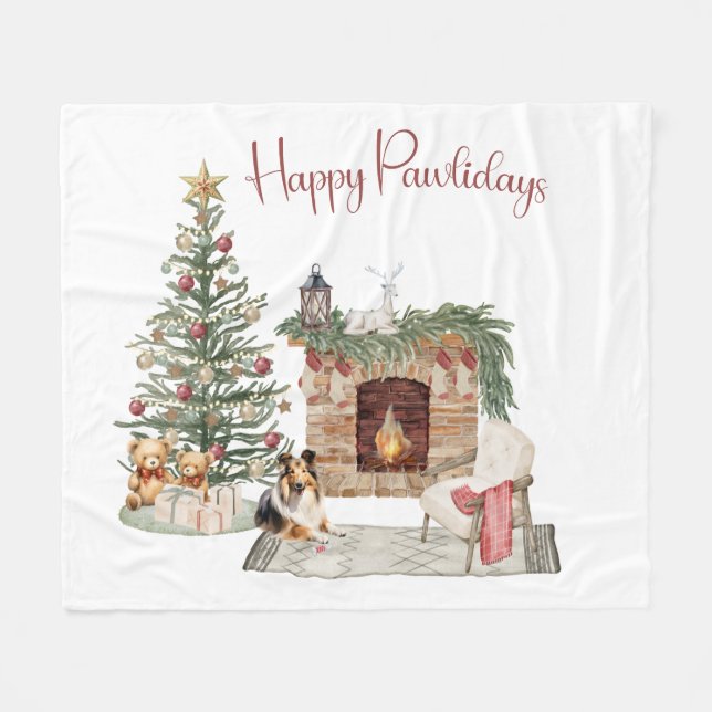 Happy Pawlidays Dog Design- Sheltie Fleece Blanket (Front (Horizontal))
