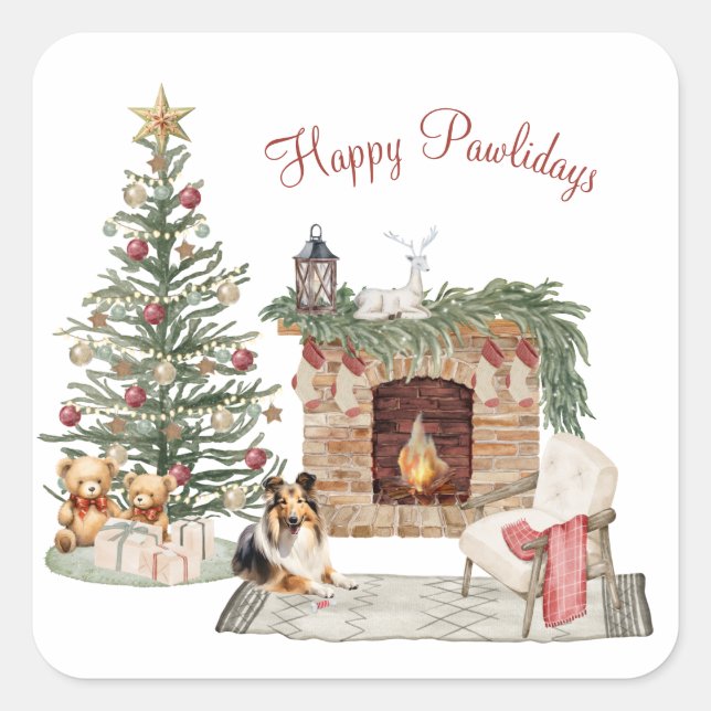 Happy Pawlidays Dog Design- Sheltie Square Sticker (Front)