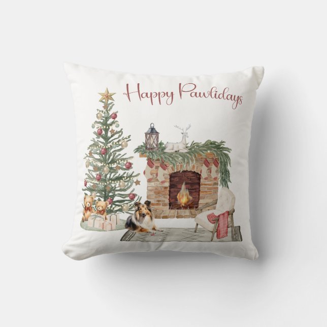 Happy Pawlidays Dog Design- Sheltie Throw Pillow (Front)