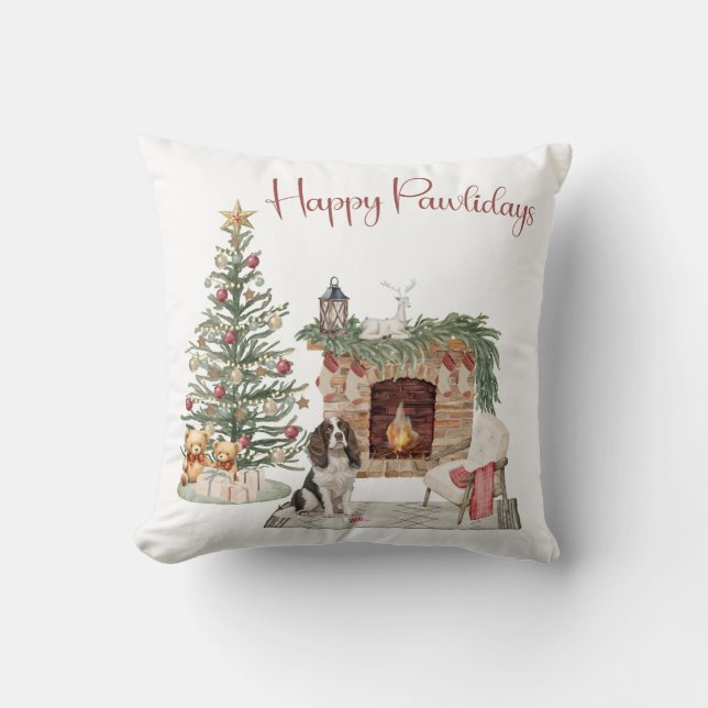 Happy Pawlidays Dog Design- Springer Spaniel Throw Pillow (Front)