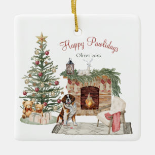 Happy Pawlidays Dog Design- St. Bernard Ceramic Ornament