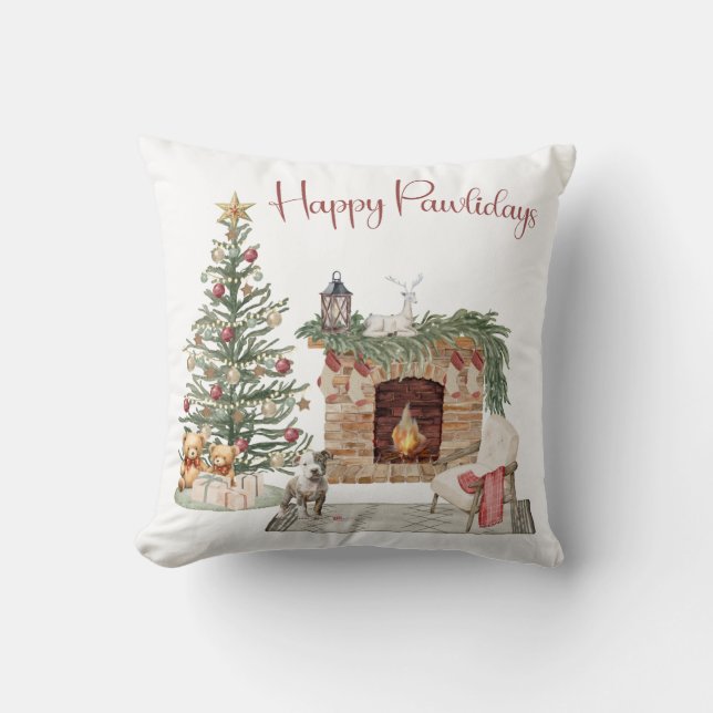 Happy Pawlidays Dog Design- Staffordshire Terrier Throw Pillow (Front)