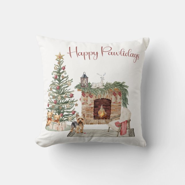 Happy Pawlidays Dog Design- Yorkie Throw Pillow (Front)