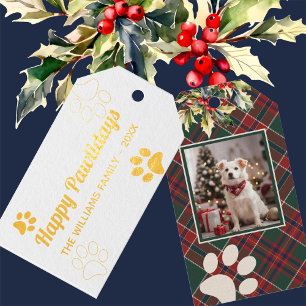 Happy Pawlidays Dog Paw Plaid Photo Christmas Gift Tags