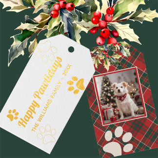Happy Pawlidays Dog Paw Red Plaid Photo Christmas Gift Tags