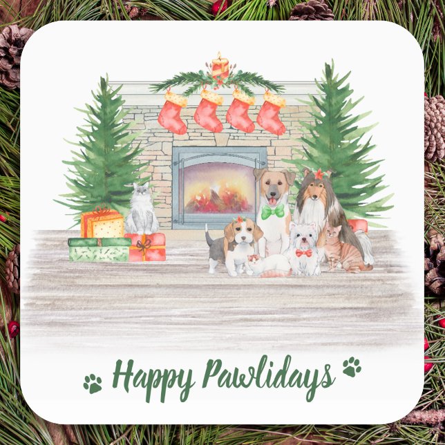 Happy Pawlidays Dogs Cats Puppies Kitten Christmas Square Sticker (Creator Uploaded)