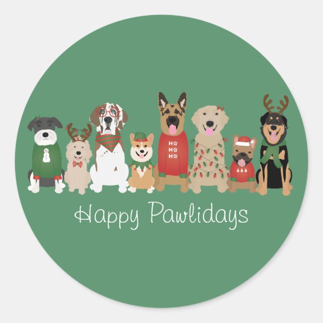 Happy Pawlidays Dogs Red Green Classic Round Sticker (Front)