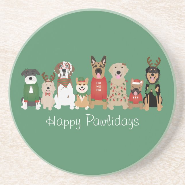 Happy Pawlidays Dogs Red Green Coaster (Front)