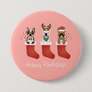 Happy Pawlidays French Bulldogs Christmas Stocking 3 Inch Round Button
