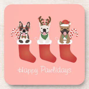 Happy Pawlidays French Bulldogs Christmas Stocking Coaster