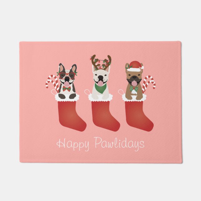 Happy Pawlidays French Bulldogs Christmas Stocking Doormat (Front)