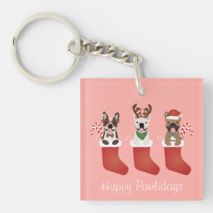 Happy Pawlidays French Bulldogs Christmas Stocking Keychain