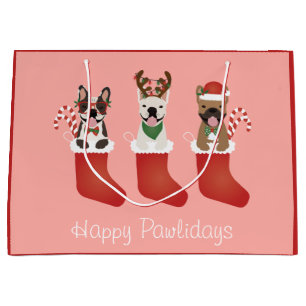 Happy Pawlidays French Bulldogs Christmas Stocking Large Gift Bag