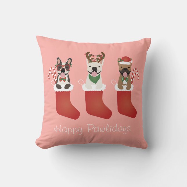 Happy Pawlidays French Bulldogs Christmas Stocking Throw Pillow (Front)