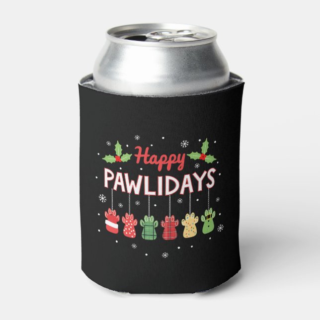 Happy Pawlidays Funny Christmas Dog Paw Xmas Dogs  Can Cooler (Can Front)