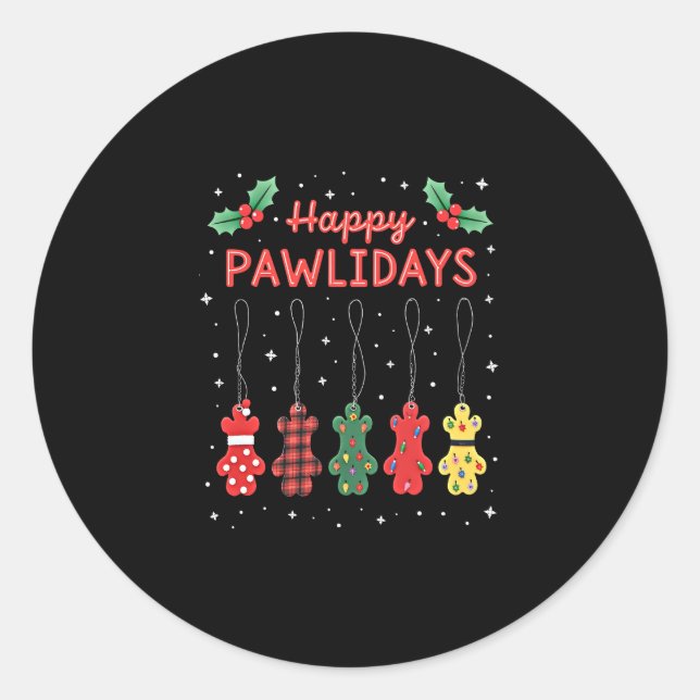 Happy Pawlidays Funny Christmas Dog Paw Xmas Dogs  Classic Round Sticker (Front)