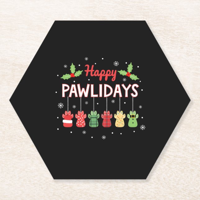 Happy Pawlidays Funny Christmas Dog Paw Xmas Dogs  Paper Coaster (Front)