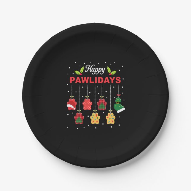 Happy Pawlidays Funny Christmas Dog Paw Xmas Dogs  Paper Plate (Front)