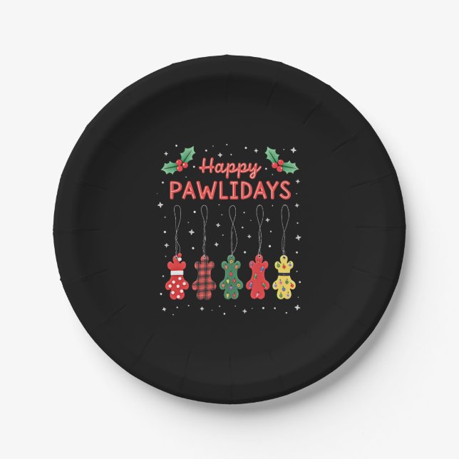 Happy Pawlidays Funny Christmas Dog Paw Xmas Dogs  Paper Plate (Front)