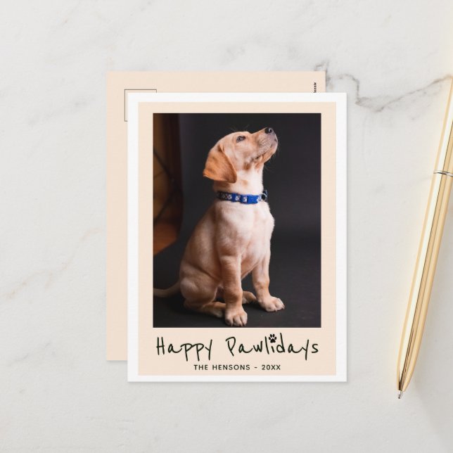 Happy Pawlidays Funny Pun Pet Photo Holiday Postcard (Front/Back In Situ)
