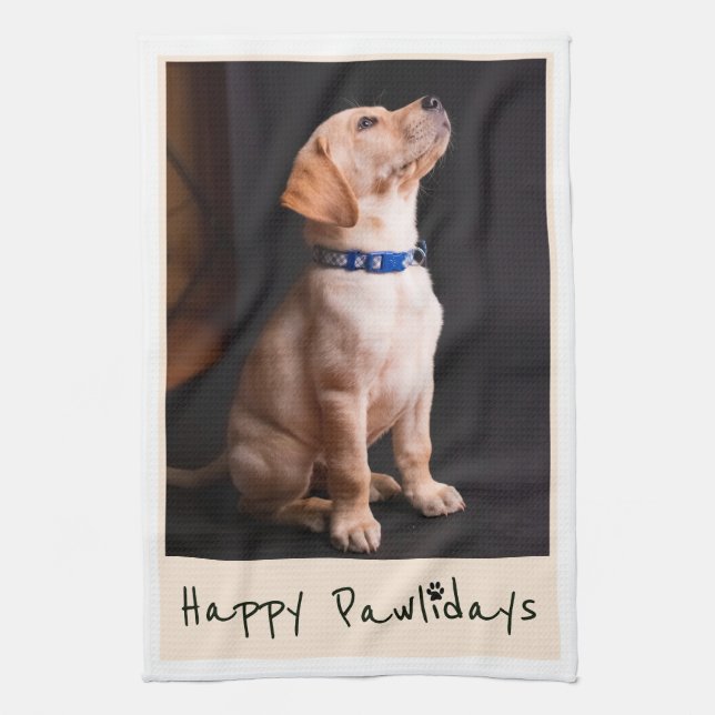 Happy Pawlidays Funny Pun Pet Photo Kitchen Towel (Vertical)