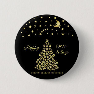 Happy Pawlidays, Gold shiny Paw Christmas tree 2 Inch Round Button