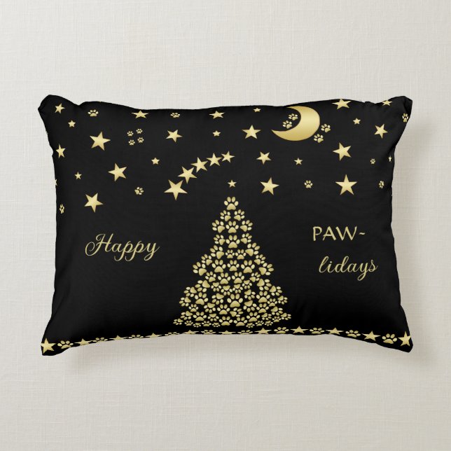 Happy Pawlidays, Gold shiny Paw Christmas tree Accent Pillow (Front)