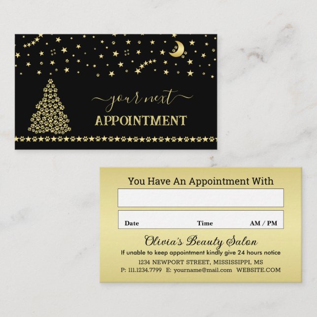 Happy Pawlidays, Gold shiny Paw Christmas tree Appointment Card (Front/Back)