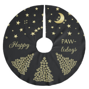 Happy Pawlidays, Gold shiny Paw Christmas tree Brushed Polyester Tree Skirt