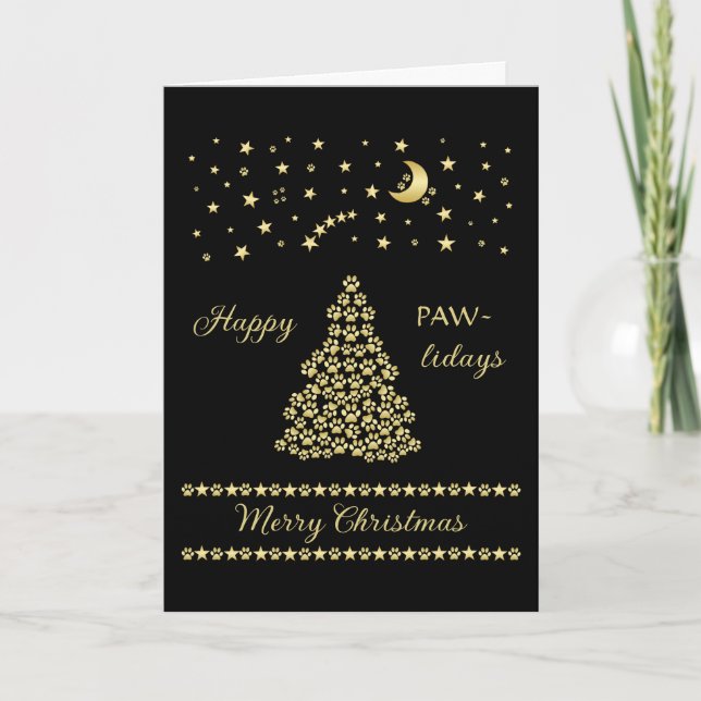 Happy Pawlidays, Gold shiny Paw Christmas tree Card (Front)