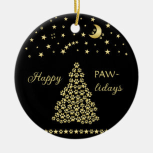 Happy Pawlidays, Gold shiny Paw Christmas tree Ceramic Ornament