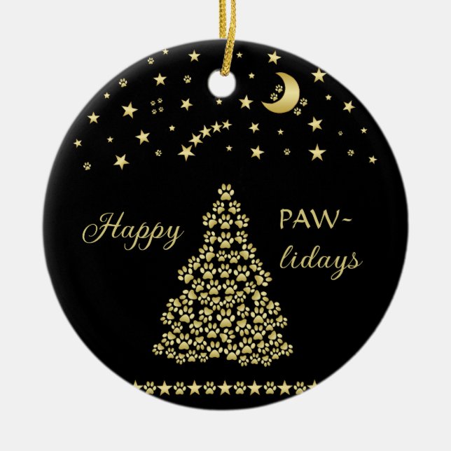 Happy Pawlidays, Gold shiny Paw Christmas tree Ceramic Ornament (Front)