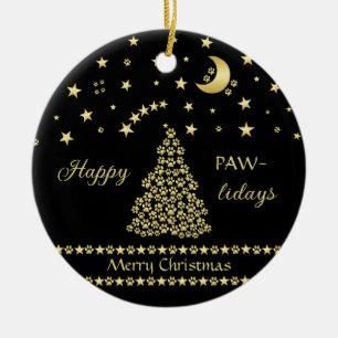 Happy Pawlidays, Gold shiny Paw Christmas tree Ceramic Ornament