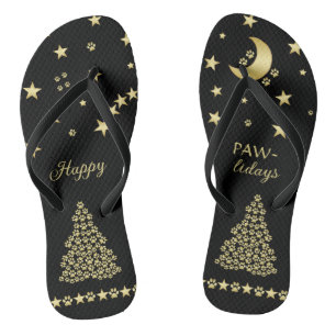 Happy Pawlidays, Gold shiny Paw Christmas tree Flip Flops