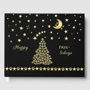 Happy Pawlidays, Gold shiny Paw Christmas tree Guest Book