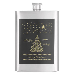 Happy Pawlidays, Gold shiny Paw Christmas tree Hip Flask