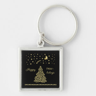 Happy Pawlidays, Gold shiny Paw Christmas tree Keychain
